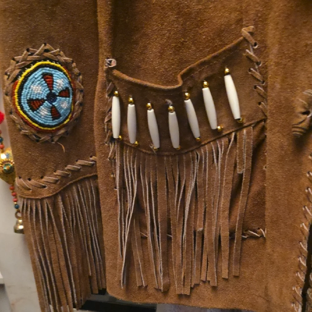 Embroidered Brown Leather Jacket with Blue Details - Picture 5 of 13